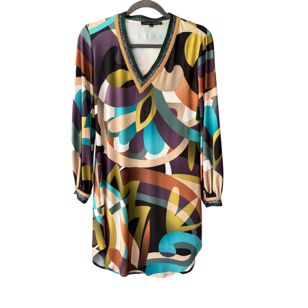 EUC Julian Chang Vibrant Retro Geometric Print Long Sleeve‎ Dress Size M